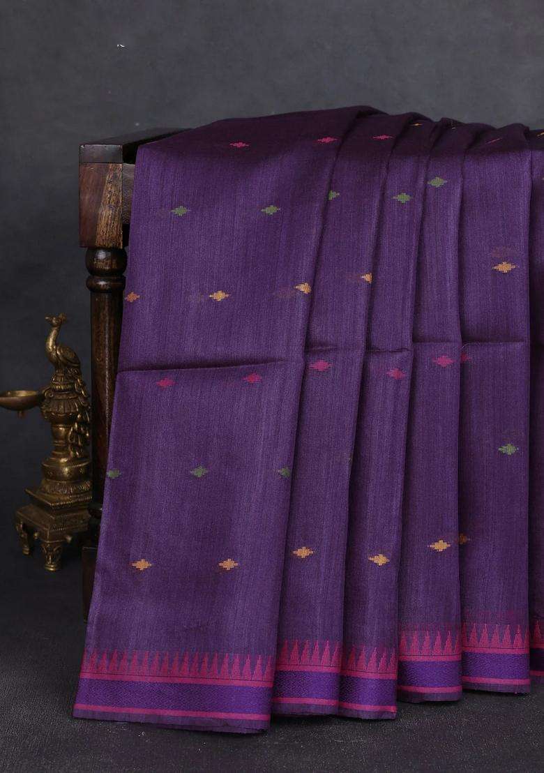 Munga Tussar Silk Saree Purple And Pink With Thread Woven Geomatric Buttas And Organza Pallu With Buttas And Brocade Design For Women - Indya