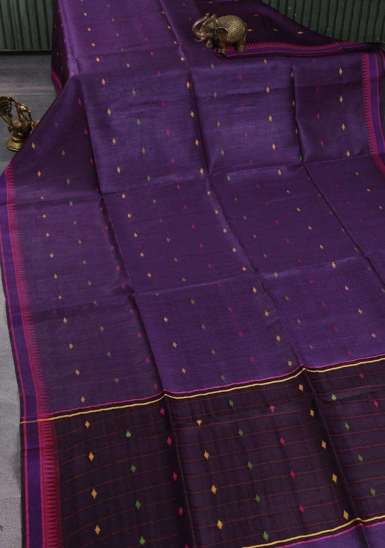 Munga Tussar Silk Saree Purple And Pink With Thread Woven Geomatric Buttas And Organza Pallu With Buttas And Brocade Design For Women - Indya