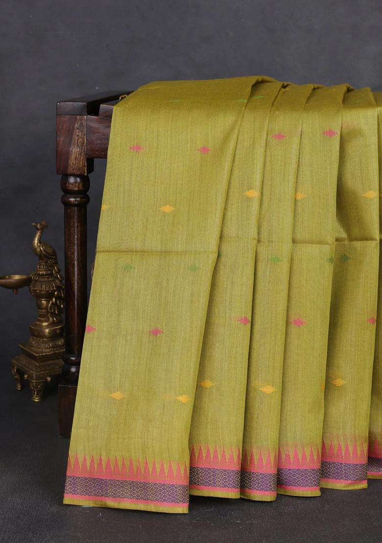 Munga Tussar Silk Saree Mustard Green And Pink With Thread Woven Geomatric Buttas And Organza Pallu With Buttas And Brocade Design For Women - Indya