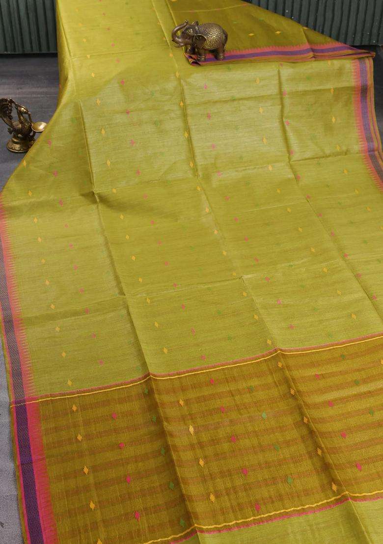 Munga Tussar Silk Saree Mustard Green And Pink With Thread Woven Geomatric Buttas And Organza Pallu With Buttas And Brocade Design For Women - Indya