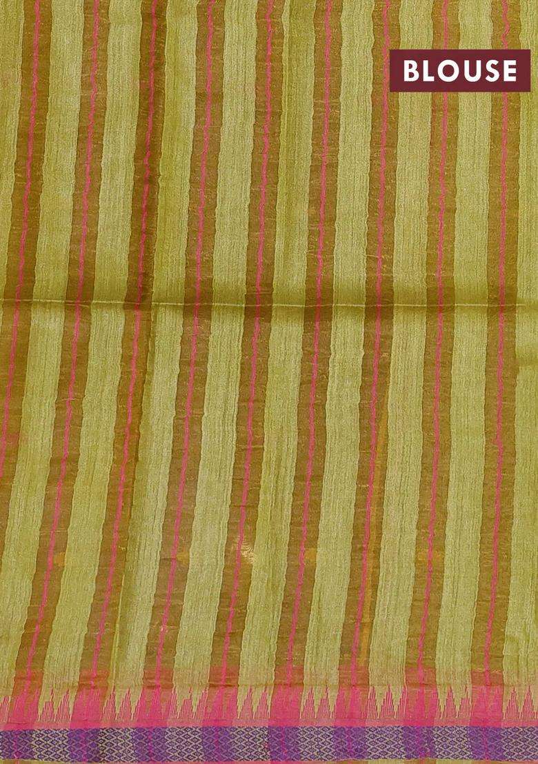 Munga Tussar Silk Saree Mustard Green And Pink With Thread Woven Geomatric Buttas And Organza Pallu With Buttas And Brocade Design For Women - Indya