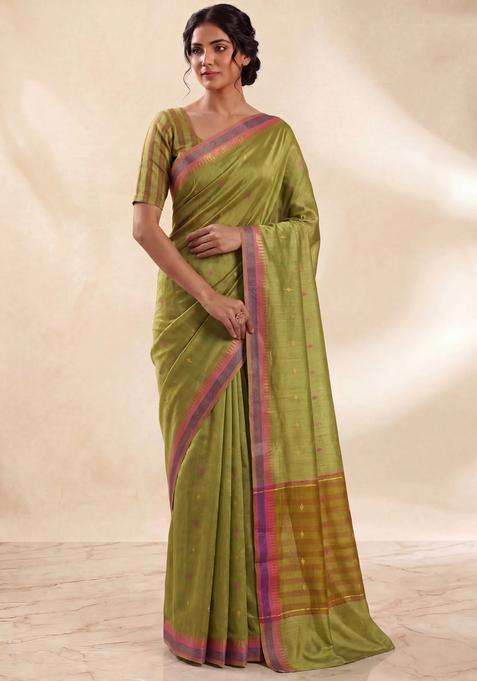 Munga Tussar Silk Saree Mustard Green And Pink With Thread Woven Geomatric Buttas And Organza Pallu With Buttas And Brocade Design For Women
