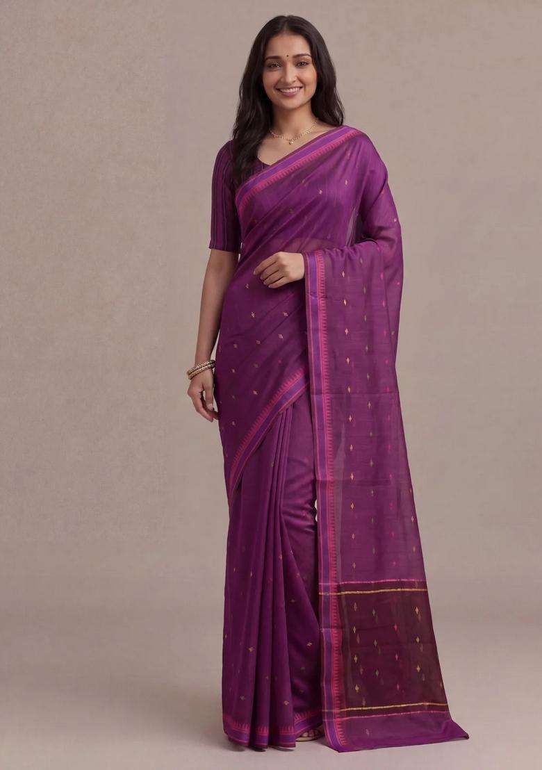Munga Tussar Silk Saree Wine Shade And Pink With Thread Woven Geomatric Buttas And Organza Pallu With Buttas And Brocade Design For Women - Indya