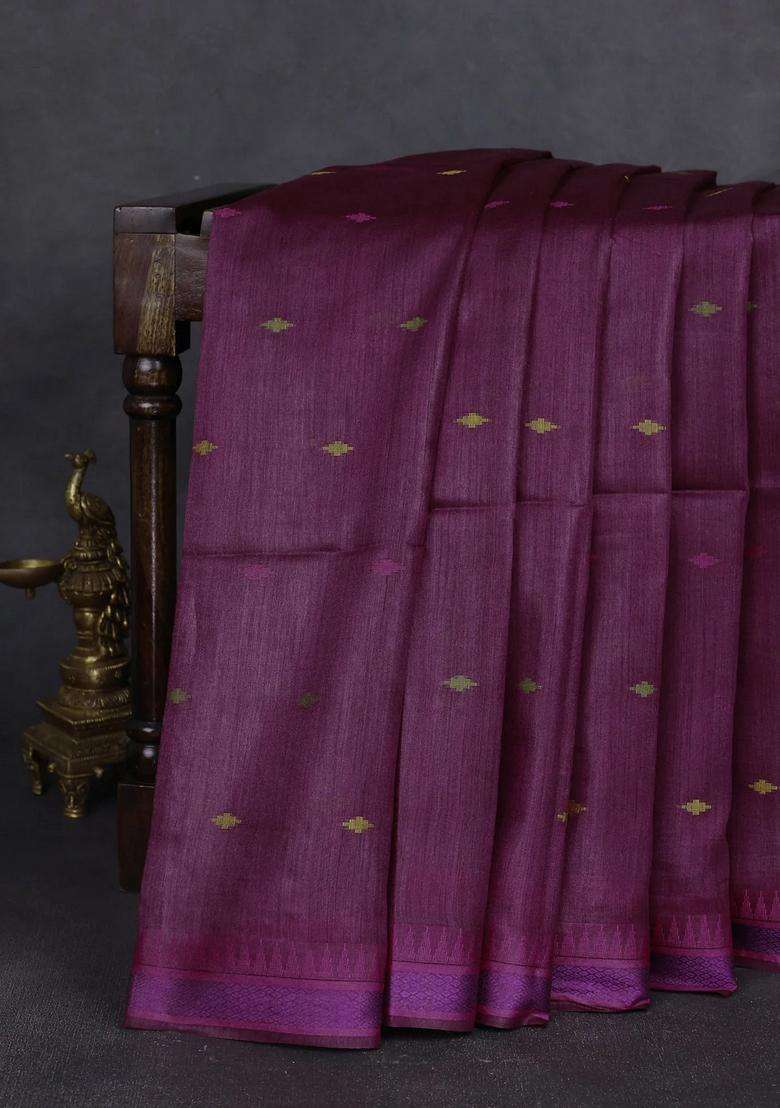 Munga Tussar Silk Saree Wine Shade And Pink With Thread Woven Geomatric Buttas And Organza Pallu With Buttas And Brocade Design For Women - Indya
