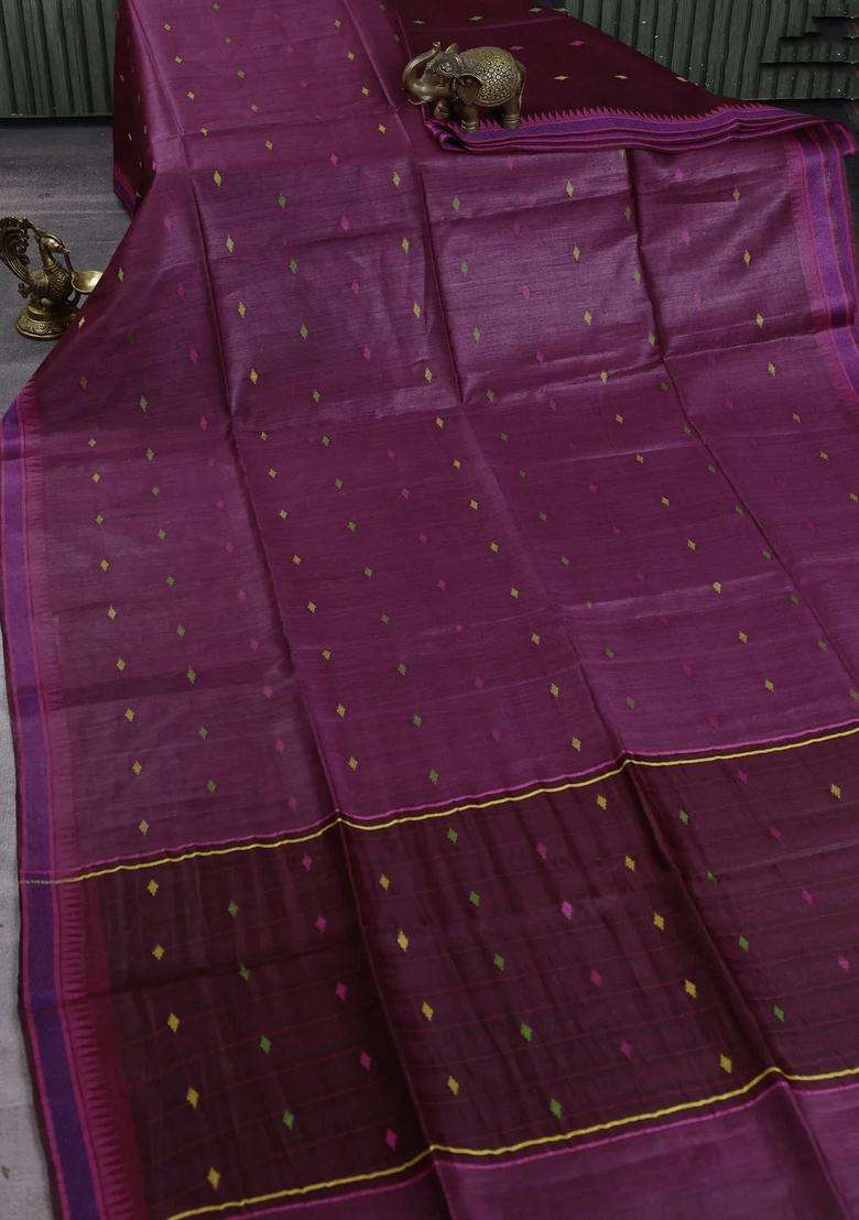 Munga Tussar Silk Saree Wine Shade And Pink With Thread Woven Geomatric Buttas And Organza Pallu With Buttas And Brocade Design For Women - Indya
