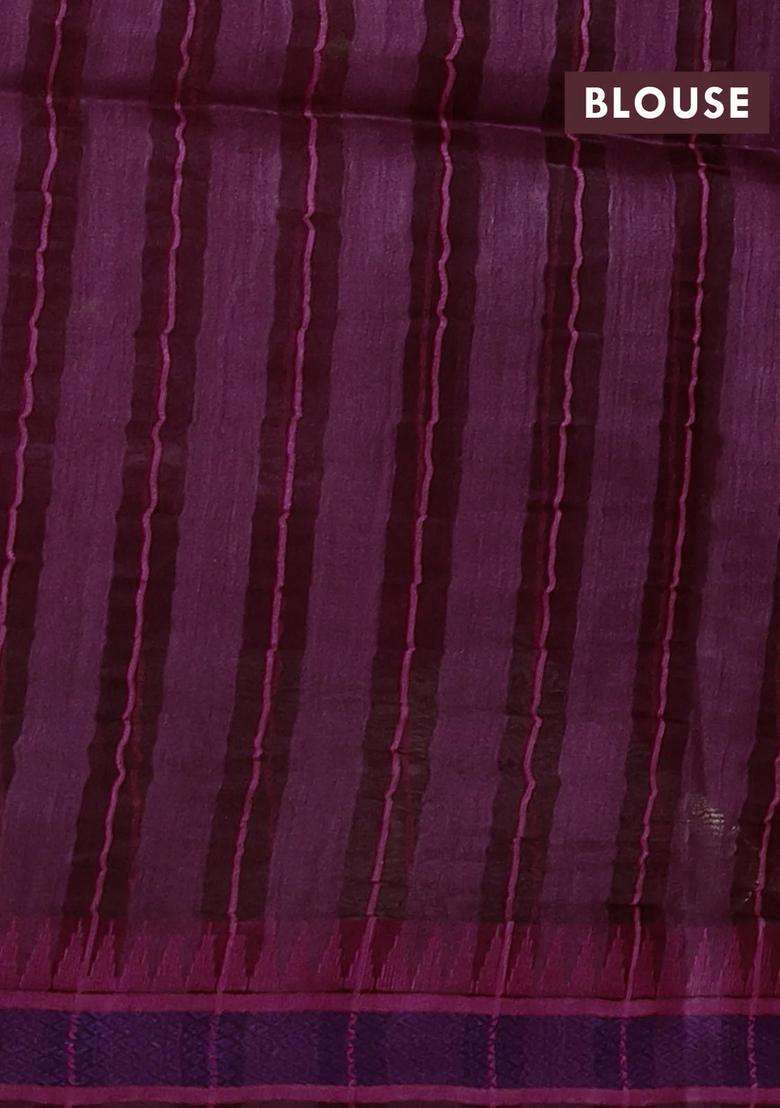 Munga Tussar Silk Saree Wine Shade And Pink With Thread Woven Geomatric Buttas And Organza Pallu With Buttas And Brocade Design For Women - Indya