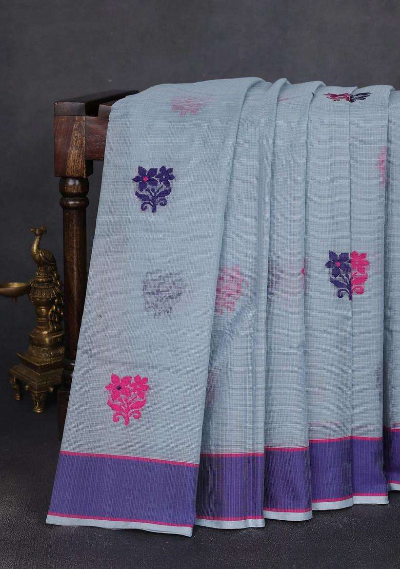 Handloom Kota Cotton Saree Grey And Dark Blue With Floral Thread Woven Buttas And Rettapet Border With Buttas And Brocade Design For Women - Indya