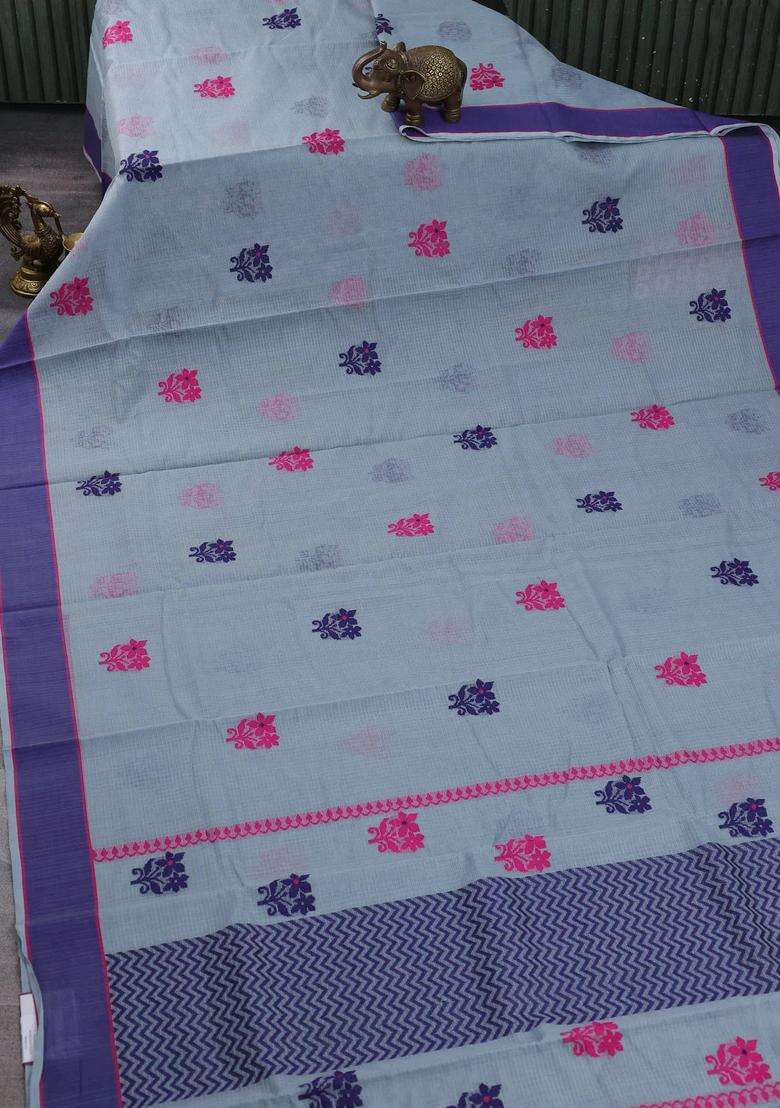 Handloom Kota Cotton Saree Grey And Dark Blue With Floral Thread Woven Buttas And Rettapet Border With Buttas And Brocade Design For Women - Indya