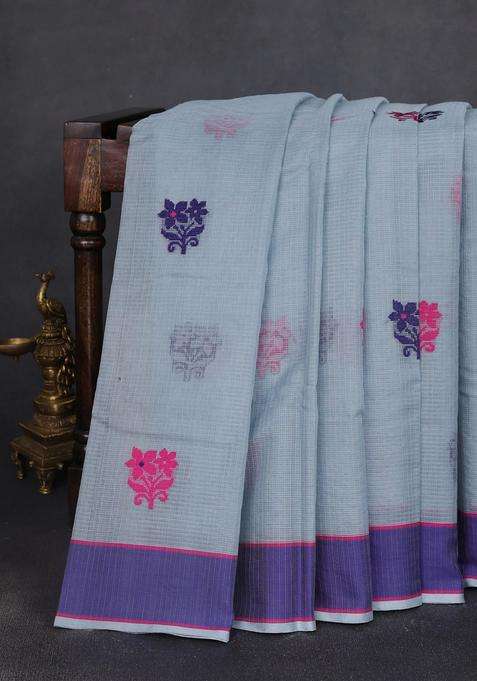 Handloom Kota Cotton Saree Grey And Dark Blue With Floral Thread Woven Buttas And Rettapet Border With Buttas And Brocade Design For Women