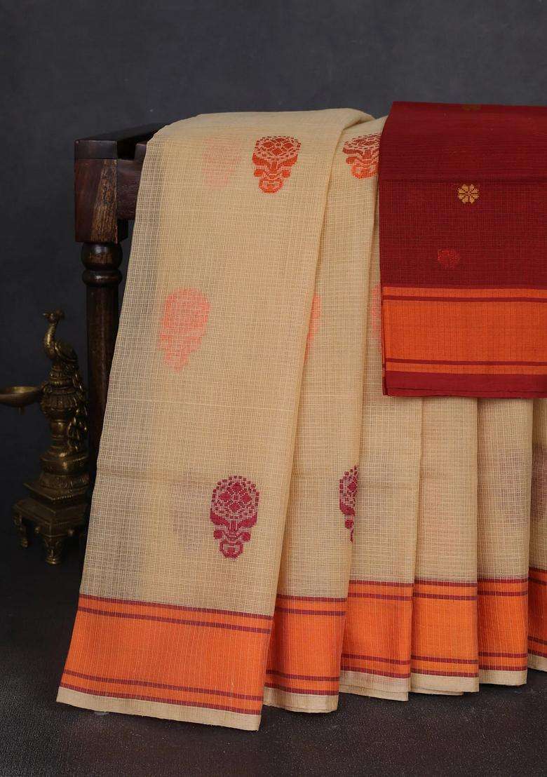 Handloom Kota Cotton Saree Sandal And Orange Maroon With Thread Woven Buttas And Rettapet Border With Buttas And Brocade Design For Women - Indya