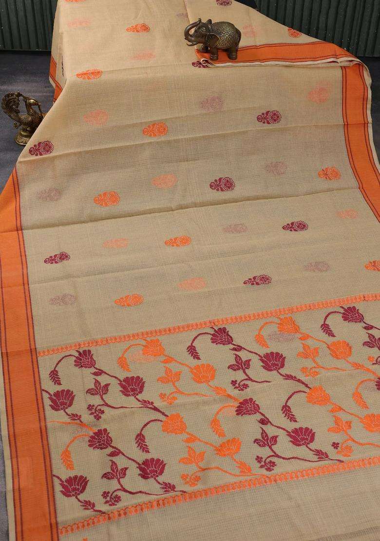 Handloom Kota Cotton Saree Sandal And Orange Maroon With Thread Woven Buttas And Rettapet Border With Buttas And Brocade Design For Women - Indya