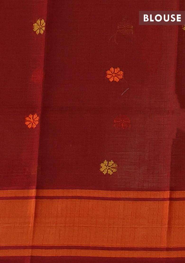 Handloom Kota Cotton Saree Sandal And Orange Maroon With Thread Woven Buttas And Rettapet Border With Buttas And Brocade Design For Women - Indya