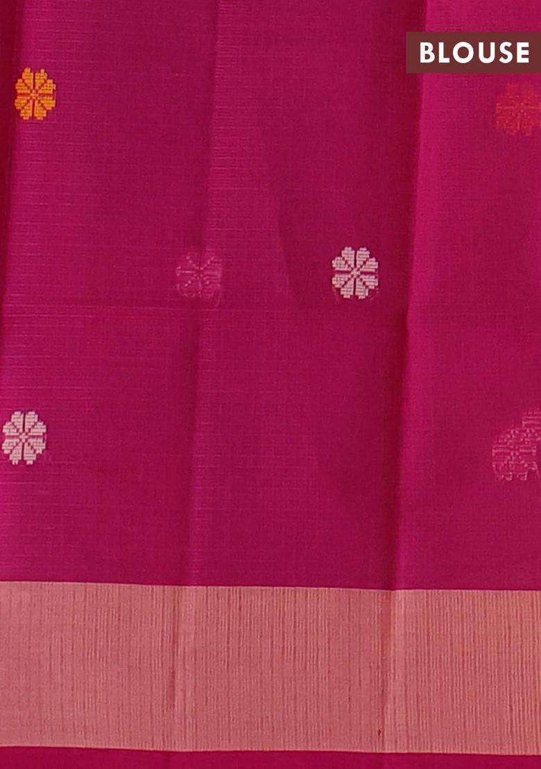 Handloom Kota Cotton Saree Pastel Peach And Pink With Floral Thread Woven Buttas And Rettapet Border With Buttas And Brocade Design For Women - Indya