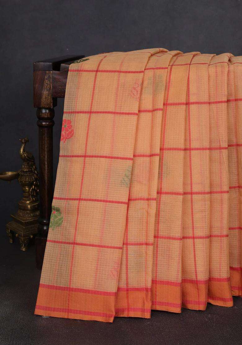 Handloom Kota Cotton Saree Pale Orange And Rustic Orange With Allover Checks Thread Buttas And Rettapet With Buttas And Brocade Design For Women - Indya