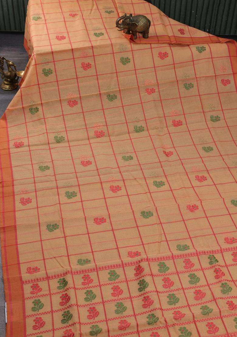 Handloom Kota Cotton Saree Pale Orange And Rustic Orange With Allover Checks Thread Buttas And Rettapet With Buttas And Brocade Design For Women - Indya