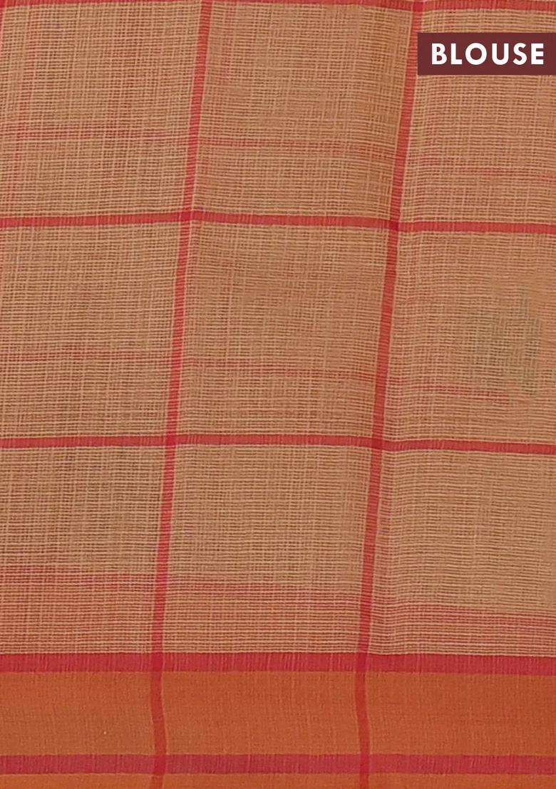 Handloom Kota Cotton Saree Pale Orange And Rustic Orange With Allover Checks Thread Buttas And Rettapet With Buttas And Brocade Design For Women - Indya