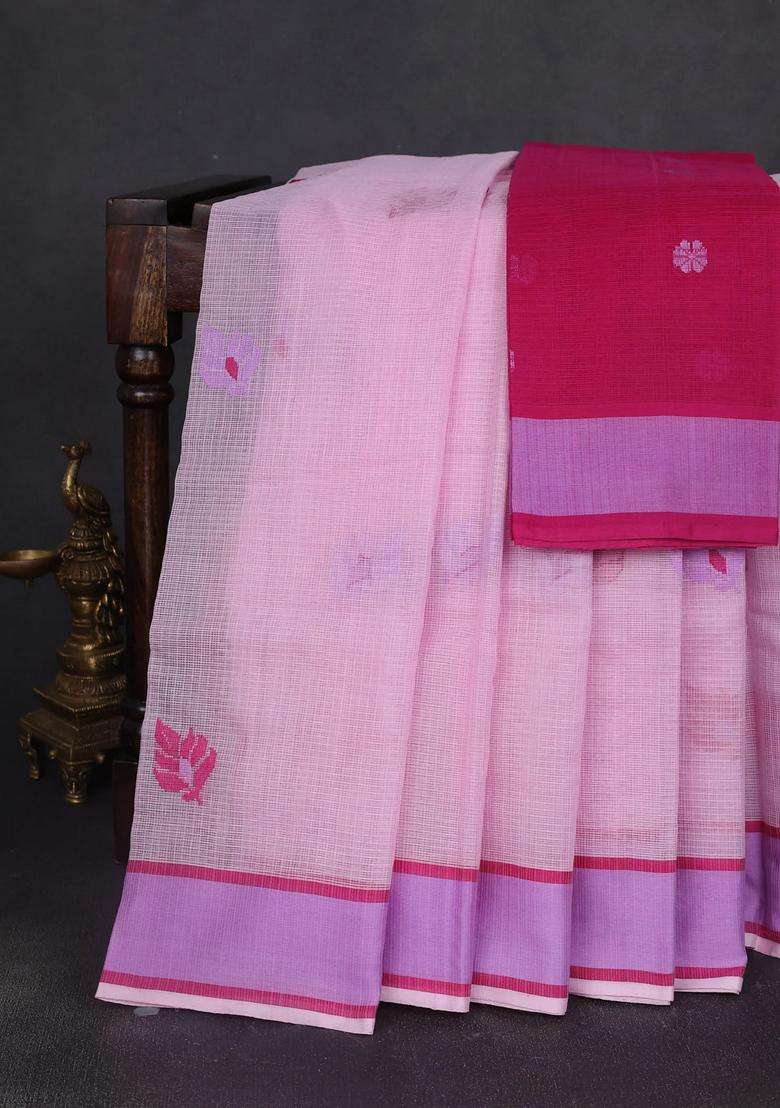 Handloom Kota Cotton Saree Baby Lavender And Magenta Pink With Floral Thread Woven Buttas And Rettapet Border With Buttas And Brocade Design For Women - Indya