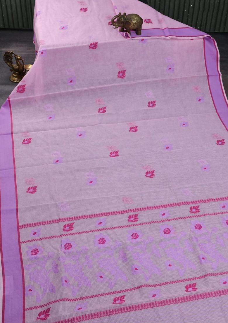 Handloom Kota Cotton Saree Baby Lavender And Magenta Pink With Floral Thread Woven Buttas And Rettapet Border With Buttas And Brocade Design For Women - Indya