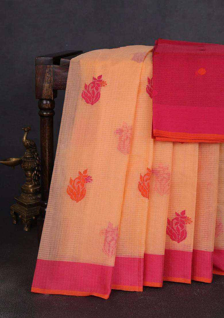 Handloom Kota Cotton Saree Pale Orange And Pink With Floral Thread Woven Buttas And Simple Border With Buttas And Brocade Design For Women - Indya
