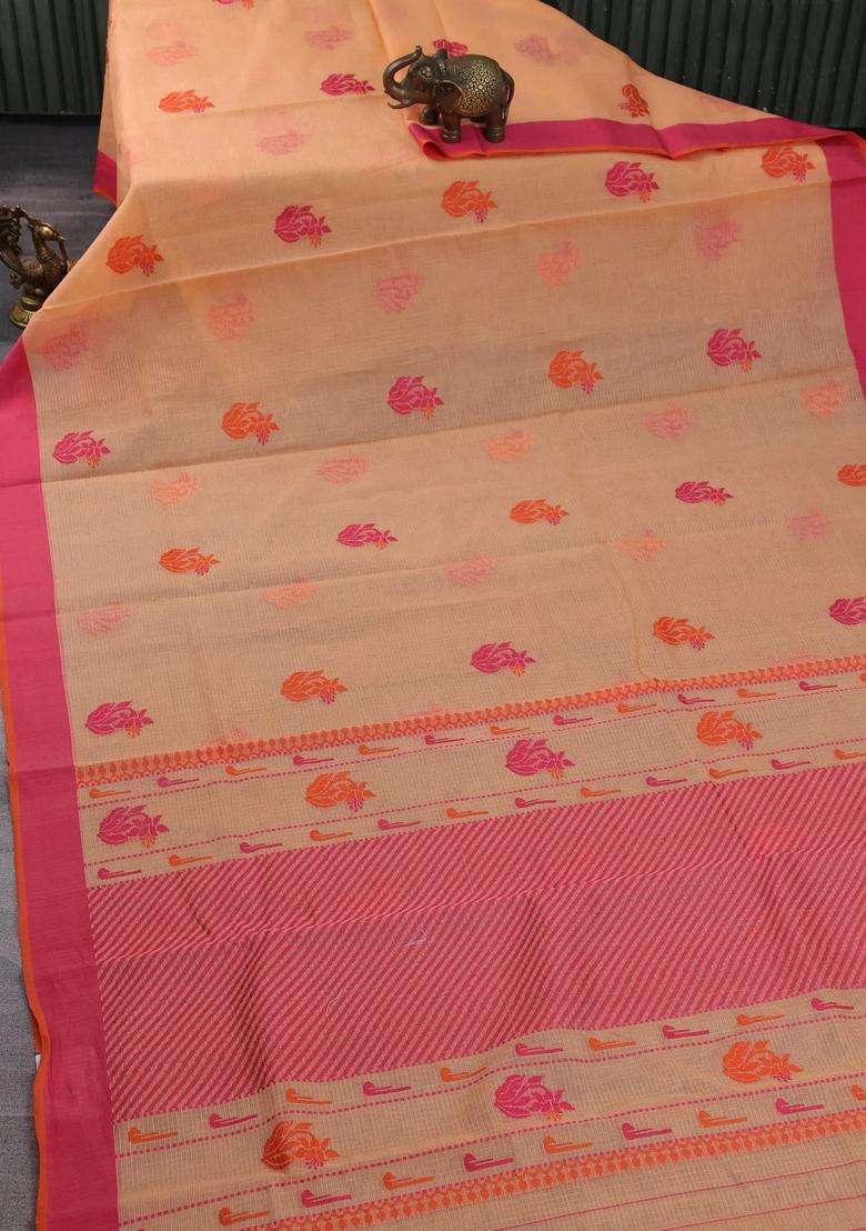 Handloom Kota Cotton Saree Pale Orange And Pink With Floral Thread Woven Buttas And Simple Border With Buttas And Brocade Design For Women - Indya