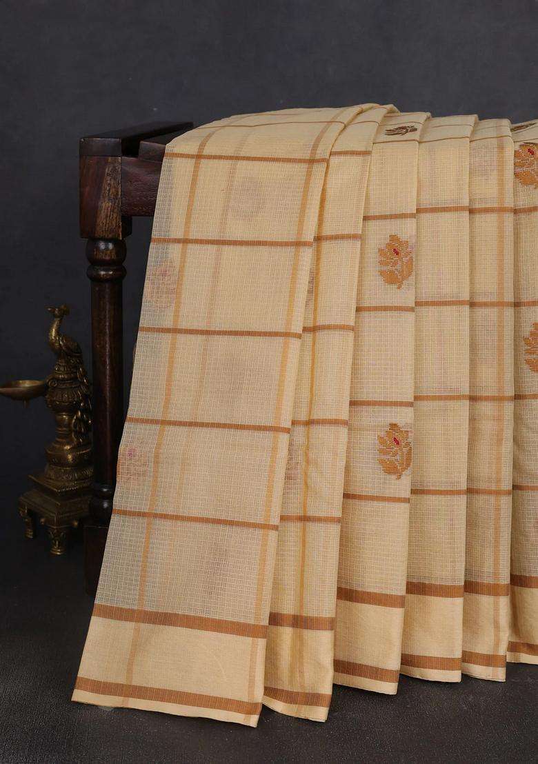 Handloom Kota Cotton Saree Beige And Dark Sandal With Allover Checks Thread Buttas And Rettapet Border With Buttas And Brocade Design For Women - Indya
