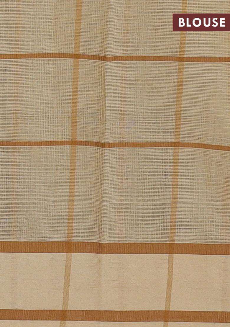 Handloom Kota Cotton Saree Beige And Dark Sandal With Allover Checks Thread Buttas And Rettapet Border With Buttas And Brocade Design For Women - Indya