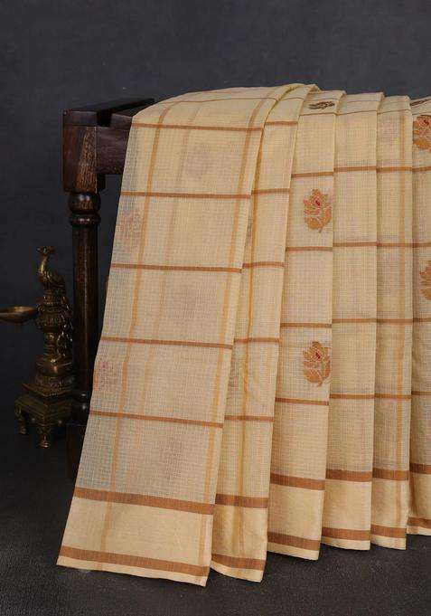 Handloom Kota Cotton Saree Beige And Dark Sandal With Allover Checks Thread Buttas And Rettapet Border With Buttas And Brocade Design For Women