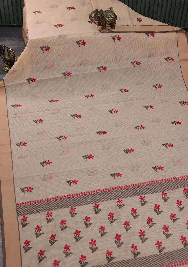 Handloom Kota Cotton Saree Sandal And Brown With Floral Thread Woven Buttas And Rettapet Border With Buttas And Brocade Design For Women - Indya