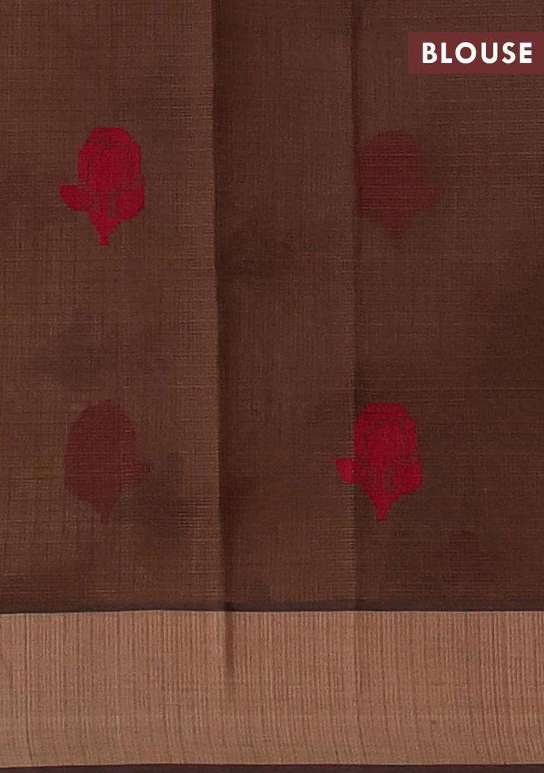 Handloom Kota Cotton Saree Sandal And Brown With Floral Thread Woven Buttas And Rettapet Border With Buttas And Brocade Design For Women - Indya