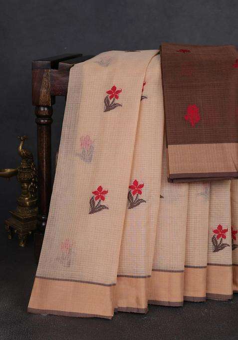 Handloom Kota Cotton Saree Sandal And Brown With Floral Thread Woven Buttas And Rettapet Border With Buttas And Brocade Design For Women