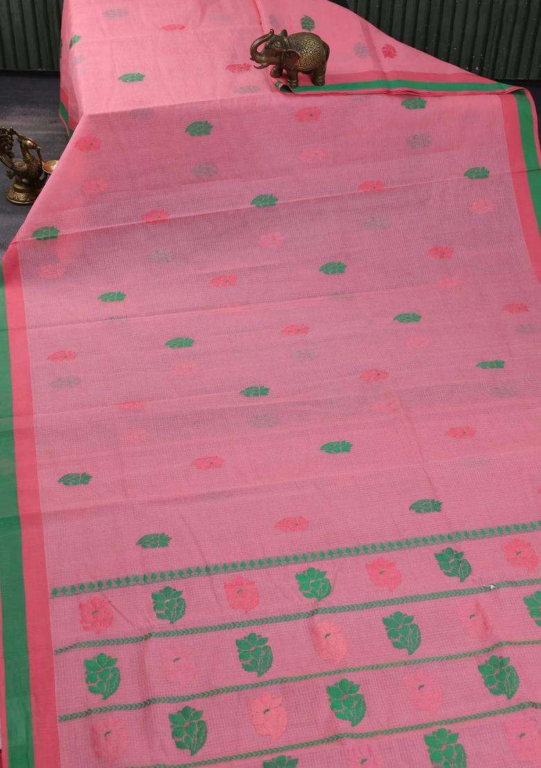 Handloom Kota Cotton Saree Peach Shade And Green With Floral Thread Woven Buttas And Simple Border With Buttas And Brocade Design For Women - Indya