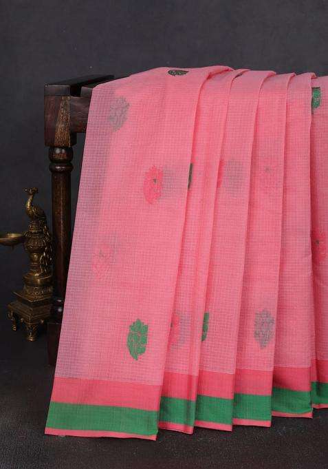 Handloom Kota Cotton Saree Peach Shade And Green With Floral Thread Woven Buttas And Simple Border With Buttas And Brocade Design For Women