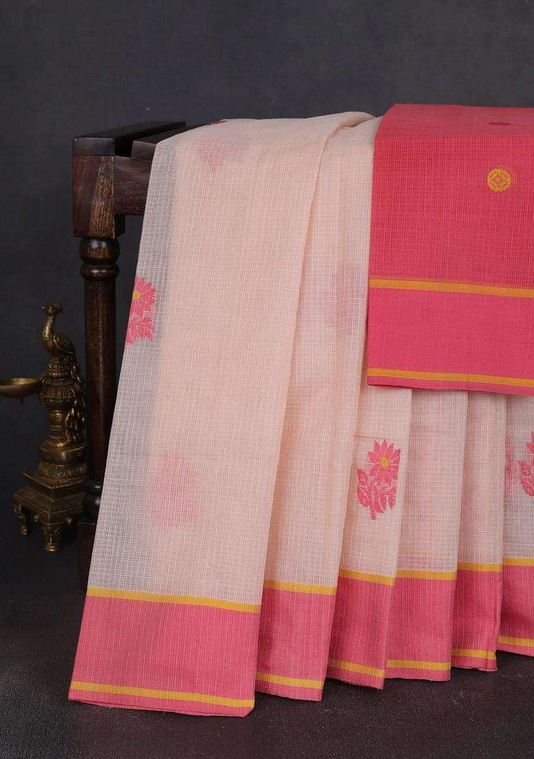 Handloom Kota Cotton Saree Pale Orange And Peach Pink With Floral Thread Woven Buttas And Rettapet Border With Buttas And Brocade Design For Women - Indya