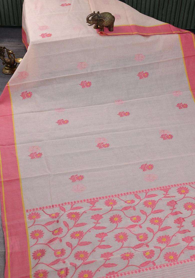 Handloom Kota Cotton Saree Pale Orange And Peach Pink With Floral Thread Woven Buttas And Rettapet Border With Buttas And Brocade Design For Women - Indya