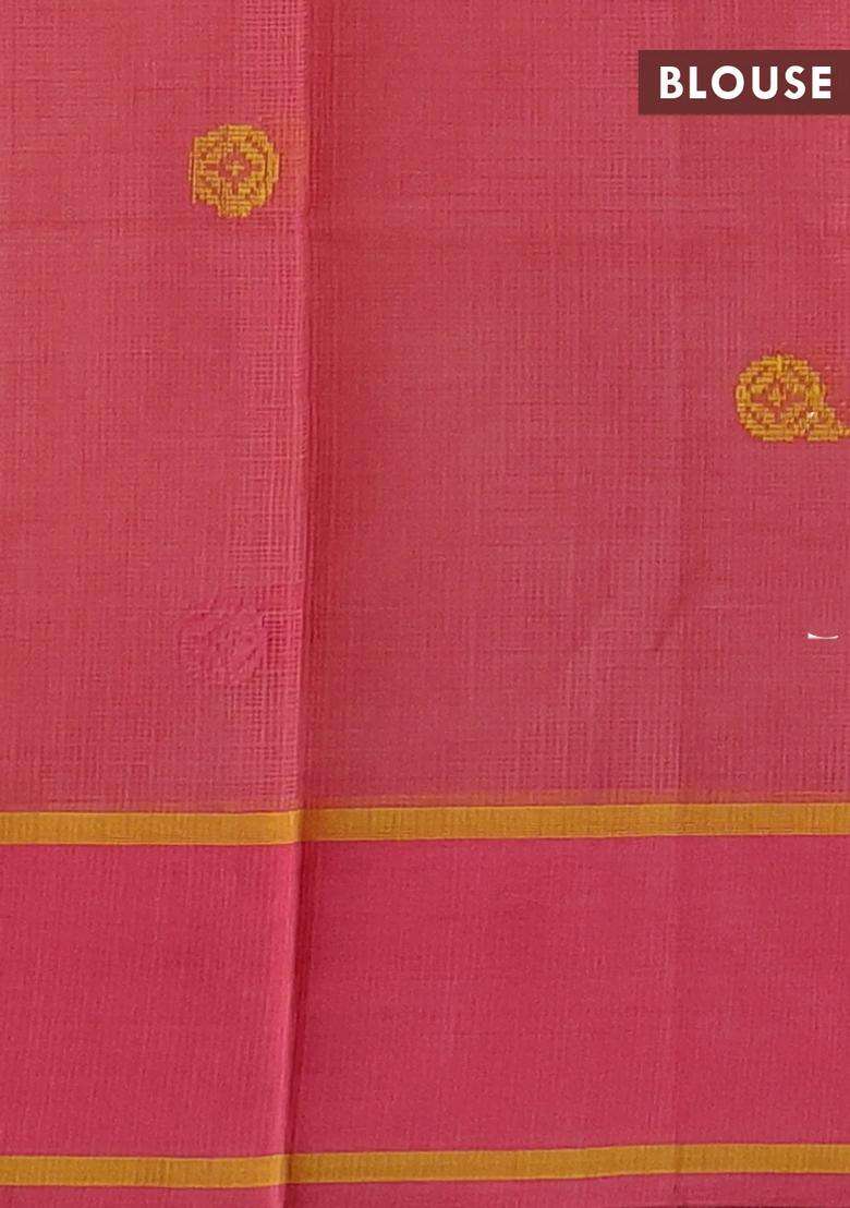 Handloom Kota Cotton Saree Pale Orange And Peach Pink With Floral Thread Woven Buttas And Rettapet Border With Buttas And Brocade Design For Women - Indya