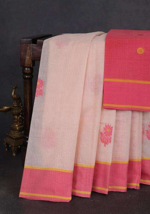 Handloom Kota Cotton Saree Pale Orange And Peach Pink With Floral Thread Woven Buttas And Rettapet Border With Buttas And Brocade Design For Women