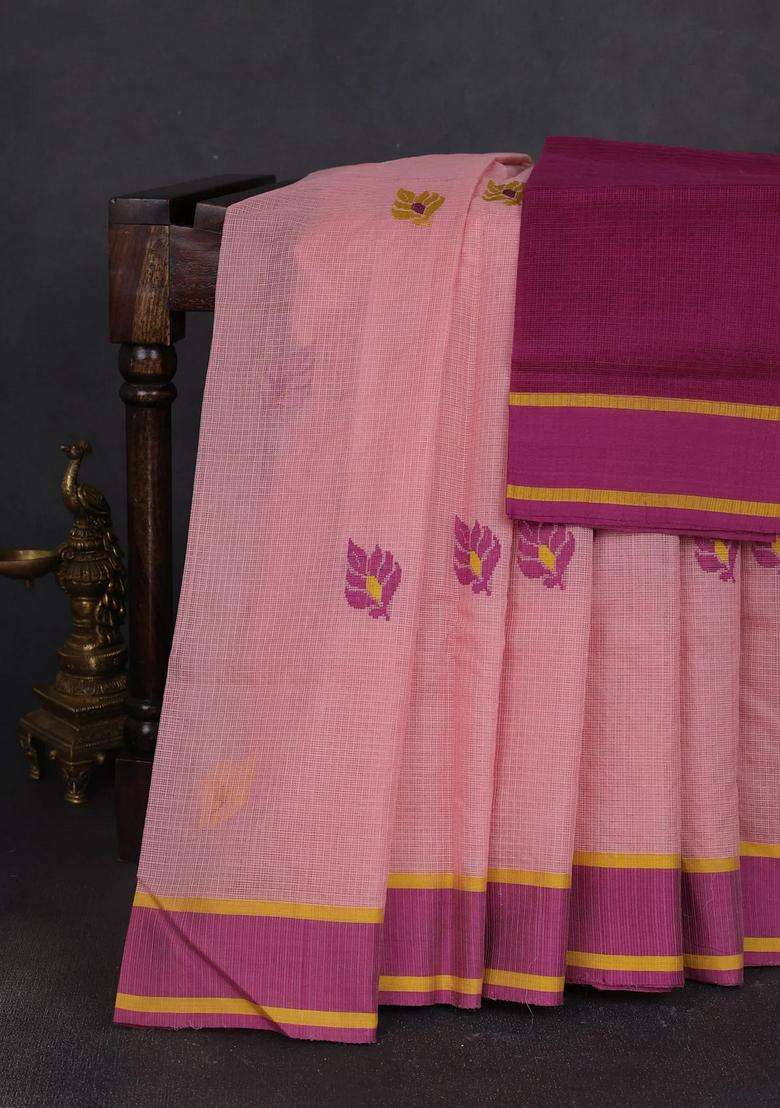 Handloom Kota Cotton Saree Mild Peach Pink Shade And Deep Purple With Thread Woven Buttas And Rettapet Border With Buttas And Brocade Design For Women - Indya