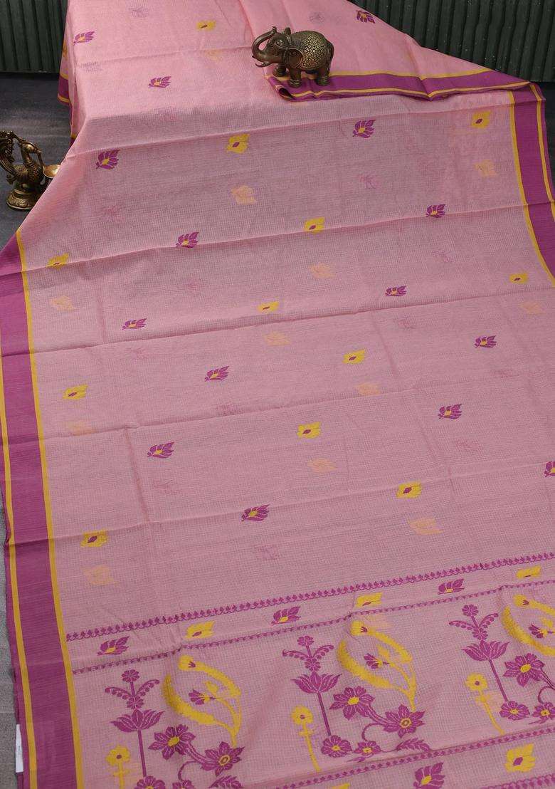 Handloom Kota Cotton Saree Mild Peach Pink Shade And Deep Purple With Thread Woven Buttas And Rettapet Border With Buttas And Brocade Design For Women - Indya