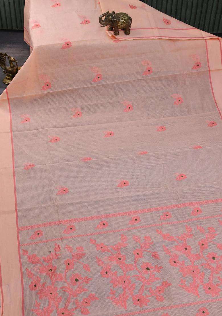 Handloom Kota Cotton Saree Pale Orange And Peach Shade With Floral Thread Woven Buttas And Rettapet Border With Buttas And Brocade Design For Women - Indya