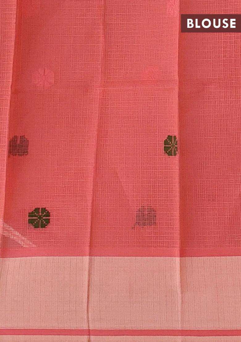 Handloom Kota Cotton Saree Pale Orange And Peach Shade With Floral Thread Woven Buttas And Rettapet Border With Buttas And Brocade Design For Women - Indya