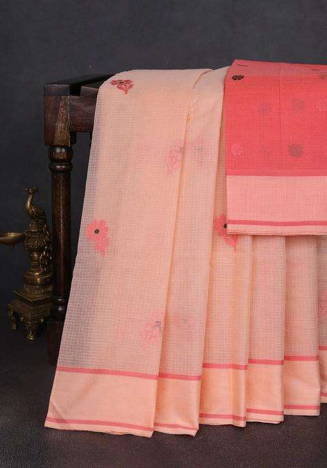 Handloom Kota Cotton Saree Pale Orange And Peach Shade With Floral Thread Woven Buttas And Rettapet Border With Buttas And Brocade Design For Women