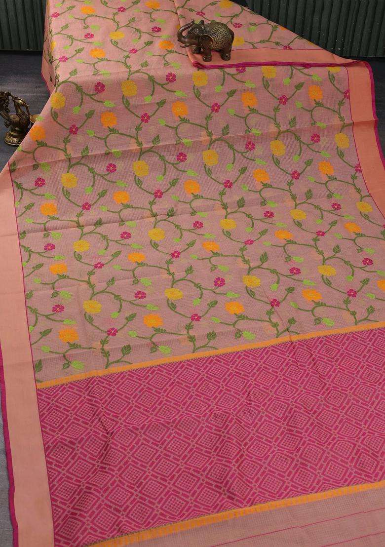Handloom Kota Cotton Saree Dark Peach And Pink With Thread Woven Buttas And Rettapet Border With Buttas And Brocade Design For Women - Indya