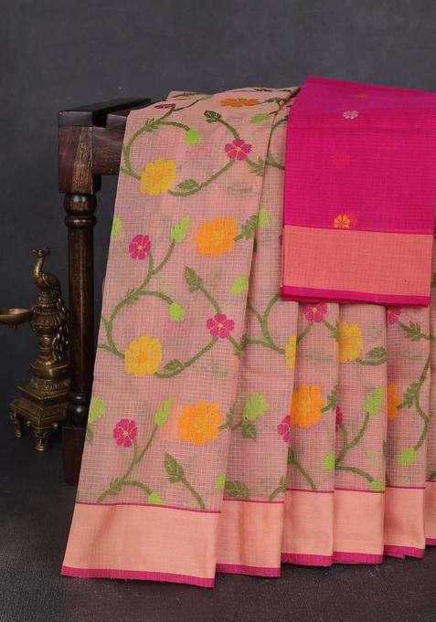 Handloom Kota Cotton Saree Dark Peach And Pink With Thread Woven Buttas And Rettapet Border With Buttas And Brocade Design For Women
