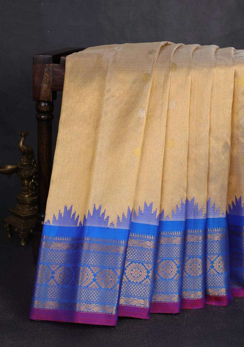 Pure Gadwal Tissue Silk Saree Gold And Cs Blue With Allover Silver Gold Zari Woven Buttas And Temple With Korvai And Temple Border Design For Women - Indya