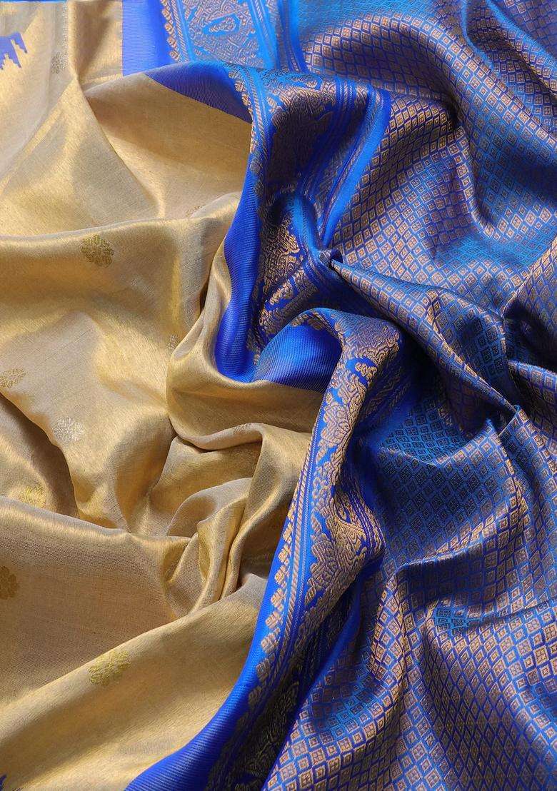 Pure Gadwal Tissue Silk Saree Gold And Cs Blue With Allover Silver Gold Zari Woven Buttas And Temple With Korvai And Temple Border Design For Women - Indya