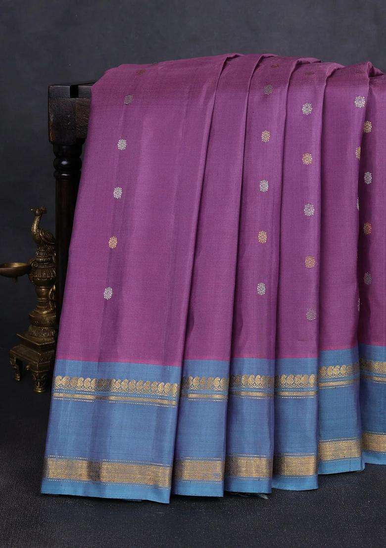 Pure Gadwal Silk Saree Pastel Purple And Greyish Blue With Silver Gold Zari Woven Buttas And Rettapet Zari With Buttas And Brocade Design For Women - Indya