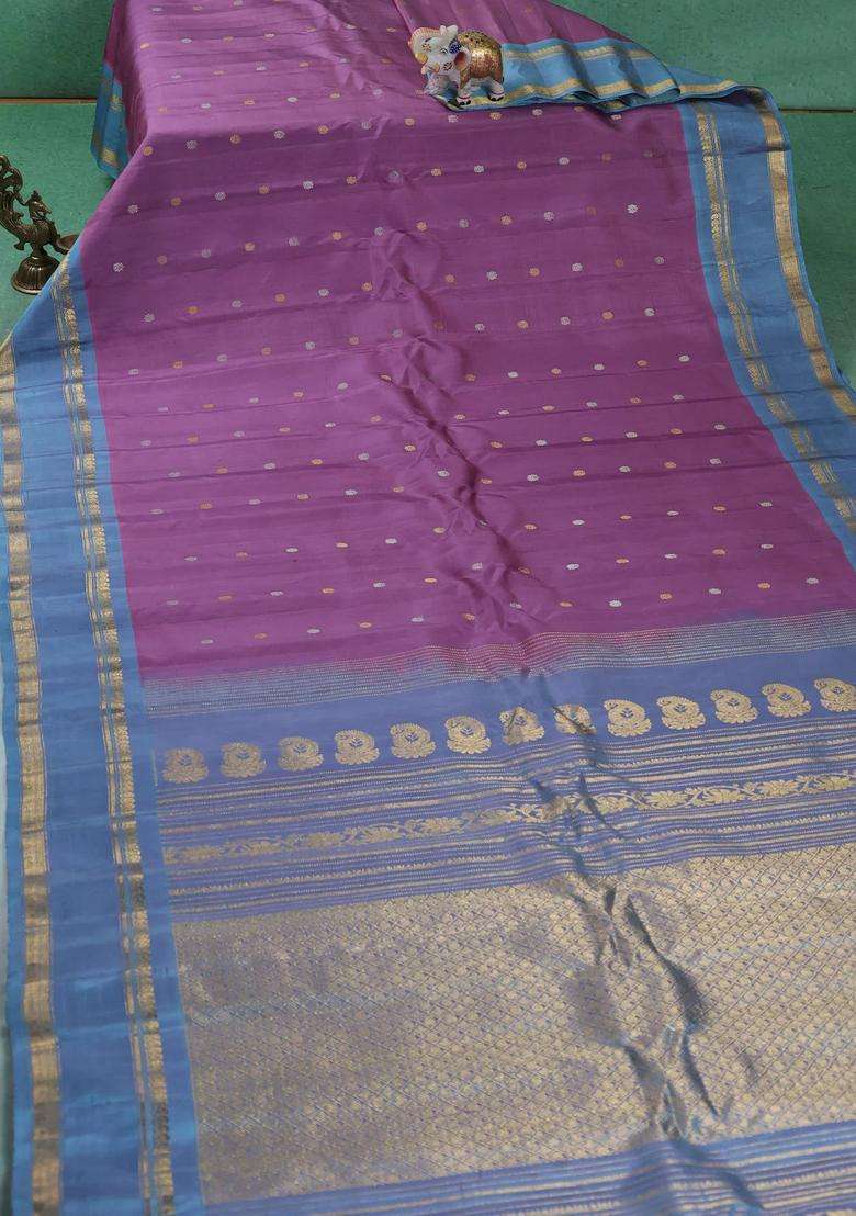 Pure Gadwal Silk Saree Pastel Purple And Greyish Blue With Silver Gold Zari Woven Buttas And Rettapet Zari With Buttas And Brocade Design For Women - Indya