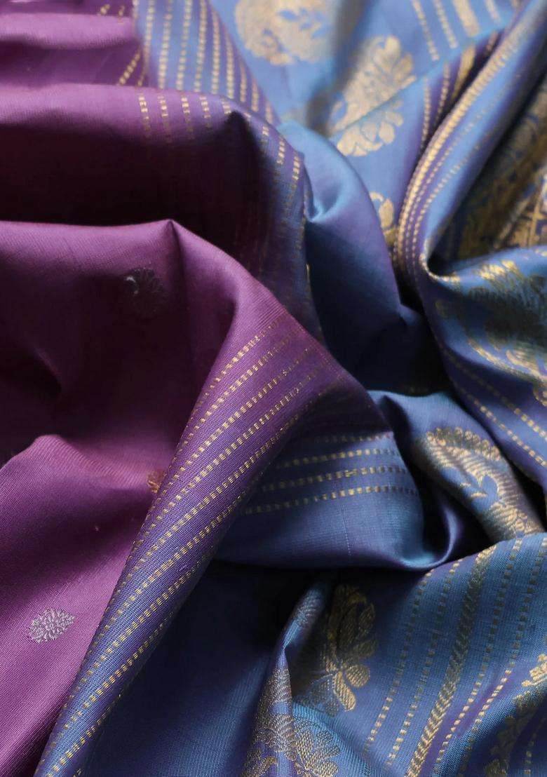Pure Gadwal Silk Saree Pastel Purple And Greyish Blue With Silver Gold Zari Woven Buttas And Rettapet Zari With Buttas And Brocade Design For Women - Indya