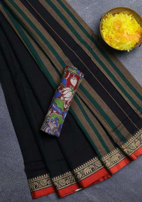 Narayanpet Cotton Saree Black And Deep Maroon With Plain Body And Temple Design Thread Woven Border With Korvai And Temple Border Design For Women