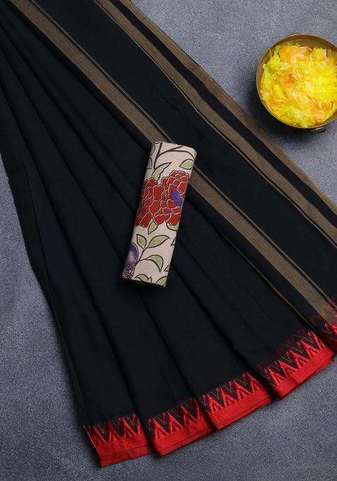 Narayanpet Cotton Saree Black And Beige With Plain Body And Temple Design Thread Woven Border With Korvai And Temple Border Design For Women